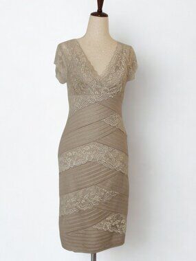 Marina Champagne Lace Sequin Tiered Cocktail Dress Size 4